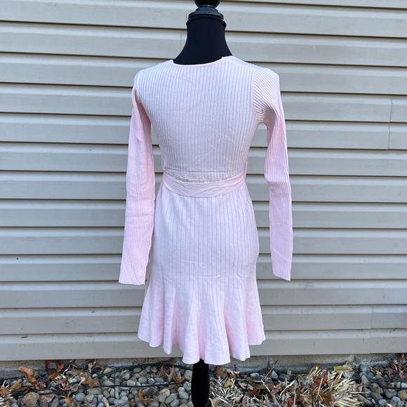 New Pink Faux Wrap V-neck Belted Ribbed Mini Long Sleeve Sweater Dress - Picture 8 of 9